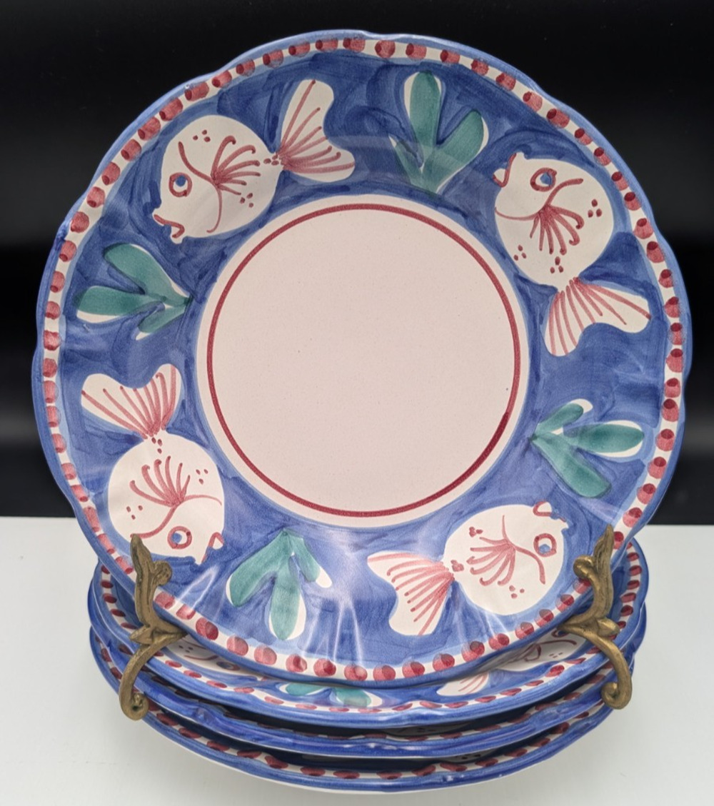 Vietri Solimene Campagna Pesce Fish Blue Soup Paste Bowl Set of 4 Italy 9.5"